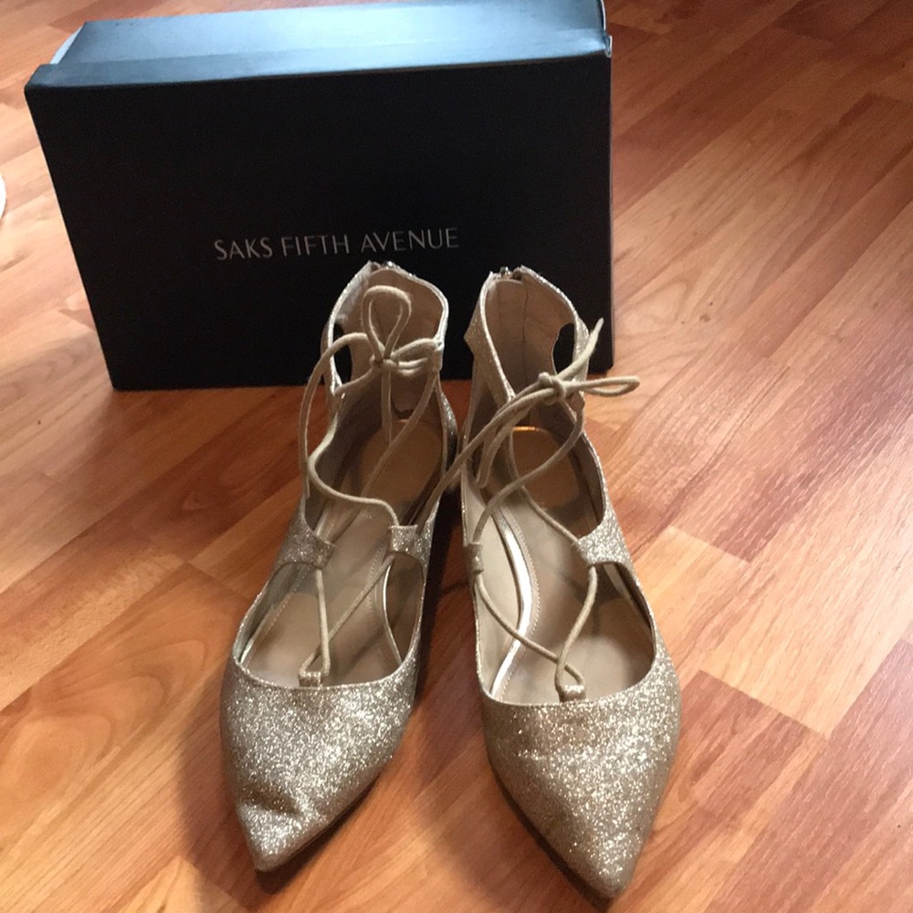 Saks Fifth Avenue gold glitter lace up flats